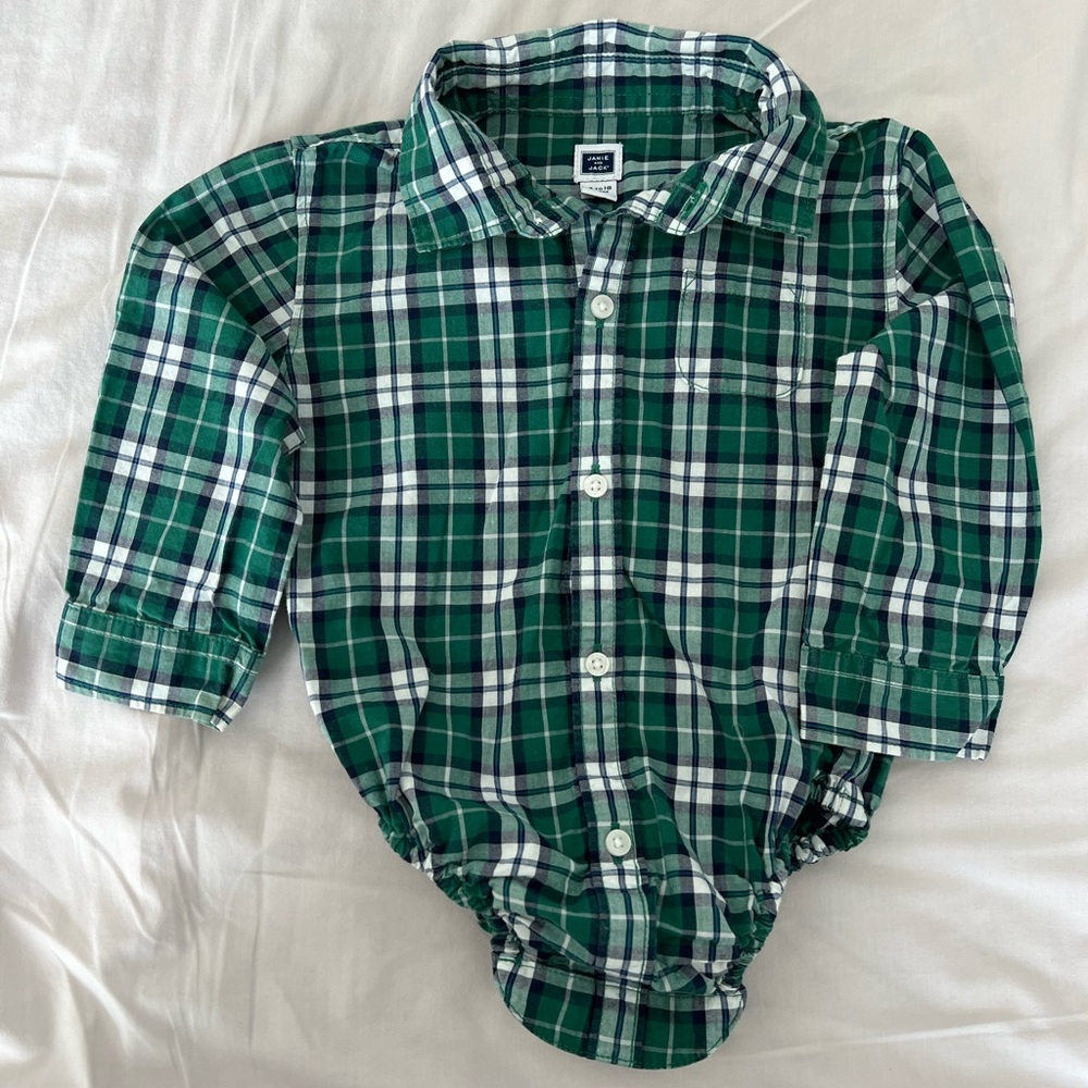 Green & navy flannel button up onesie, sf, pf, like new, 12-18 months